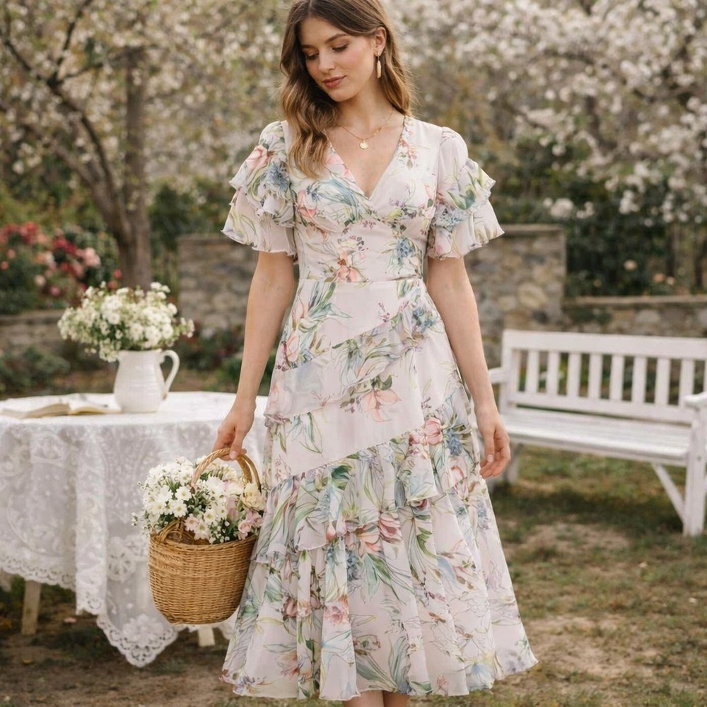 Theia Floral Ruffle Midi Dress Blush Pink Size 0